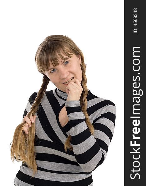 Girl with pigtail on white background