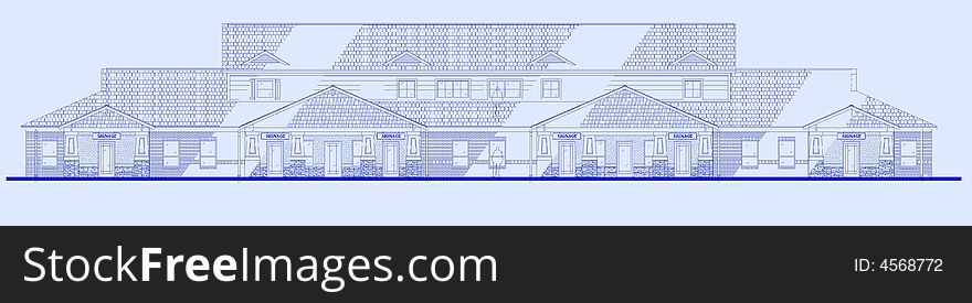 Blue line drawing of front elevation of an office building. Blue line drawing of front elevation of an office building