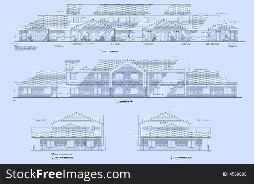 Black line drawing of elevations of an office building with blue background. Black line drawing of elevations of an office building with blue background
