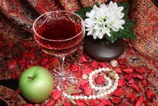 Still Life With Wine, Apple And Flowers Stock Photography Still Life With Wine, Apple And Flowers Stock Photography