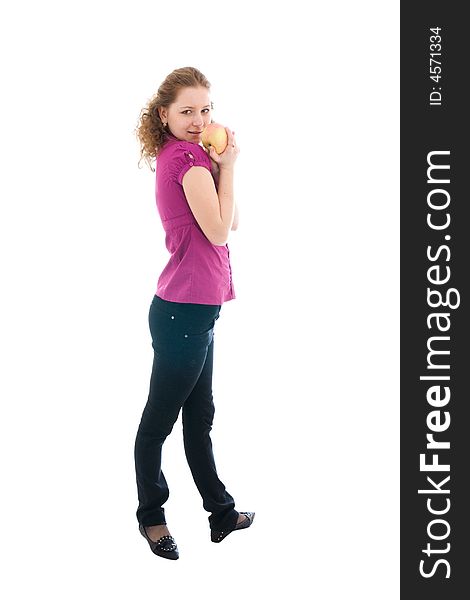 The young beautiful girl with the apple isolated on a white background