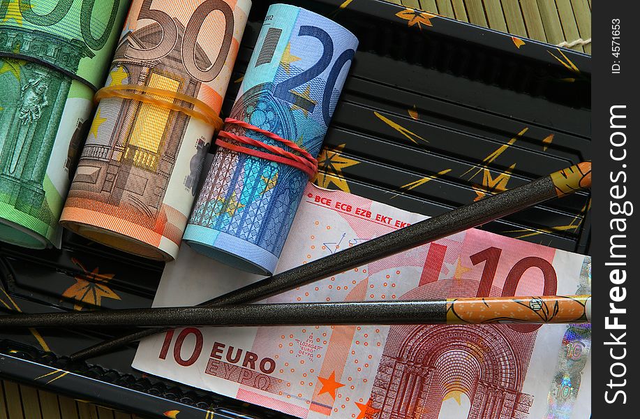 Euro banknotes with the sticks. Euro banknotes with the sticks