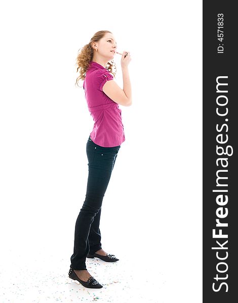 The girl does a make-up isolated on a white background