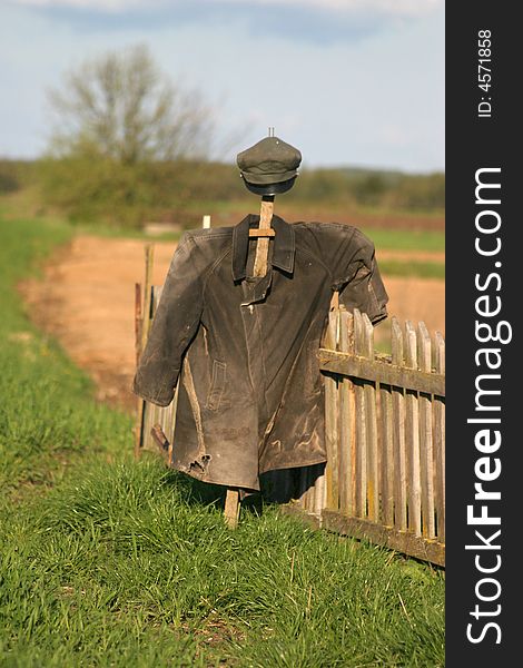 Garden Scarecrow on green grass near fence