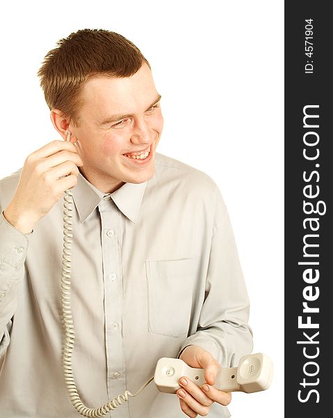 Happy man with phone tube over white