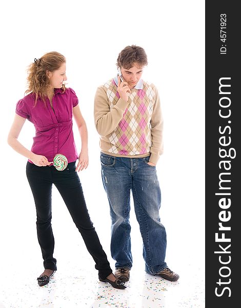 The girl with a young guy isolated on a white background