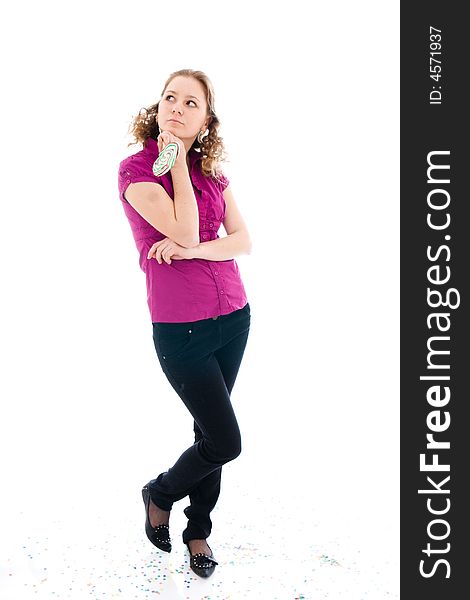 The girl with a sugar candy isolated on a white background