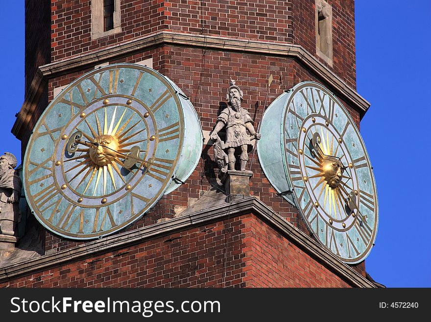 Big clock on the city Hall in Wroclaw, Poland