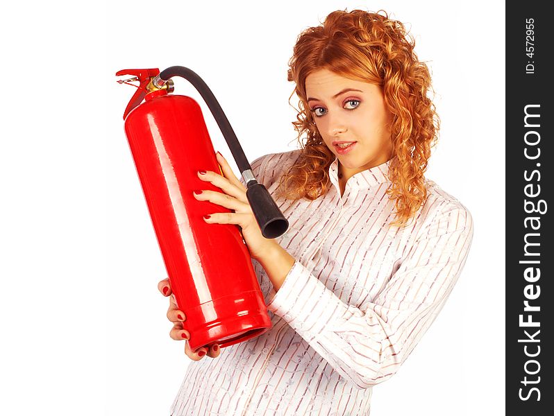 Business lady with extinguisher