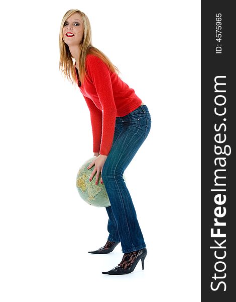 Young woman with  globe on  white  background