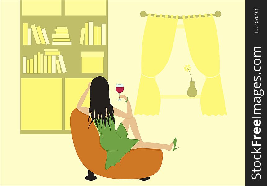 Girl having a rest on sofa with a glass of wine, vector illustration. Girl having a rest on sofa with a glass of wine, vector illustration
