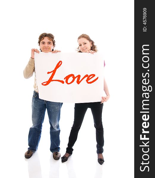 The Happy Couple With A Poster Isolated On A White