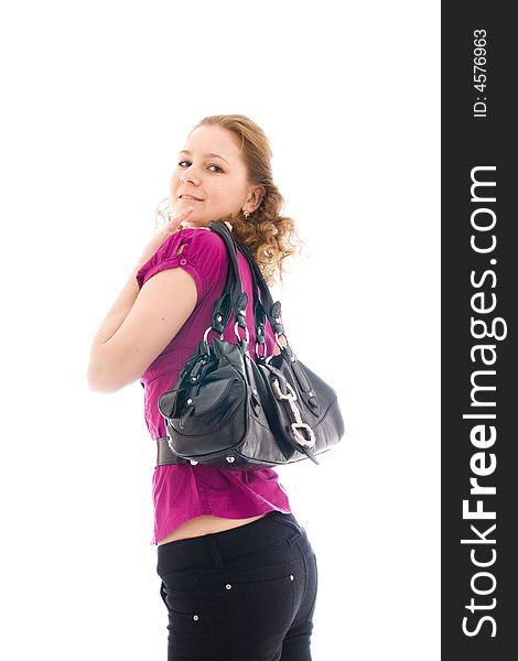 The young beautiful girl with a handbag isolated on a white background