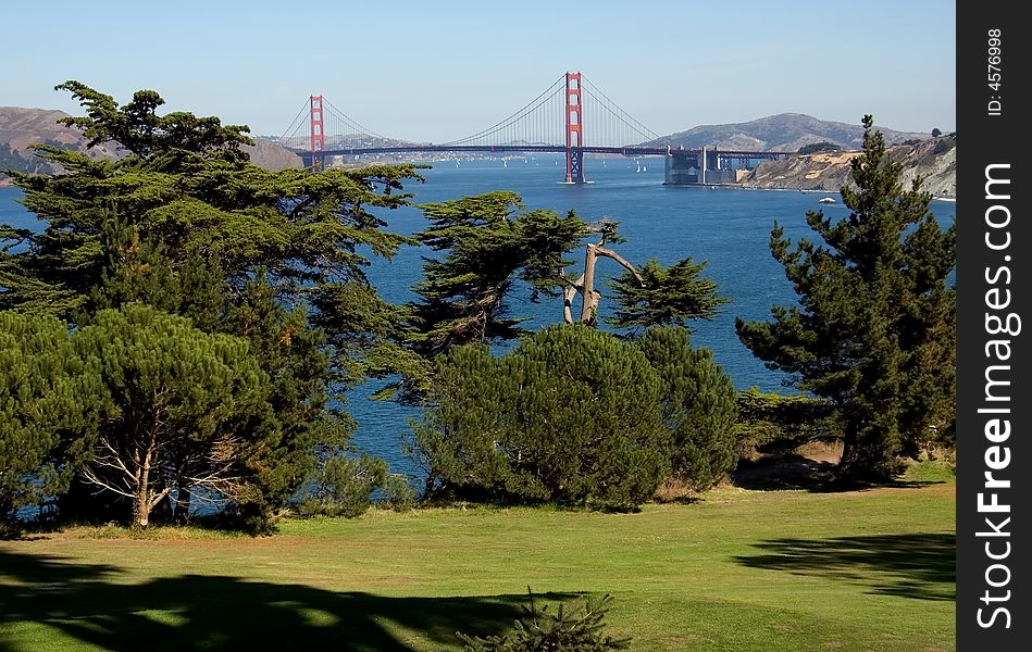 View of Golden Gate Bridge from golf field