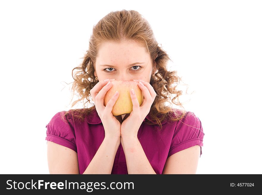 The young beautiful girl with the apple isolated on a white background