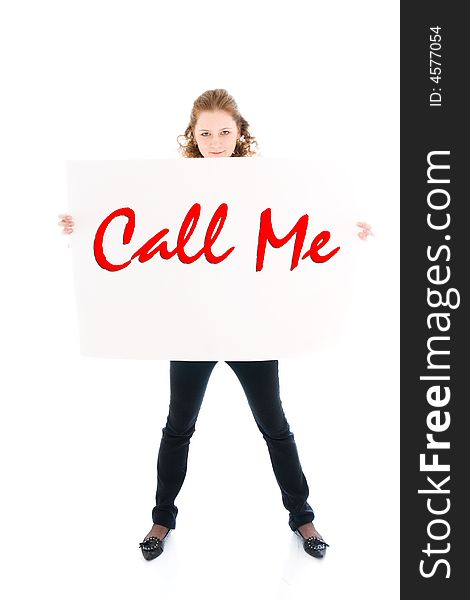 The happy girl with a poster isolated on a white background