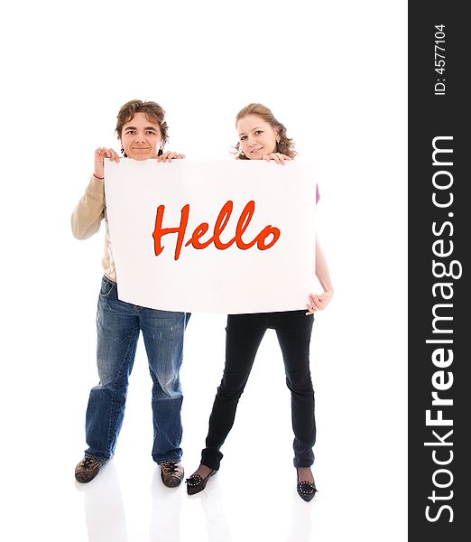 The happy couple with a poster isolated on a white background