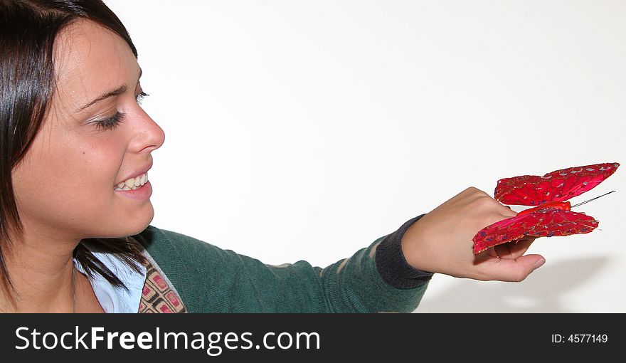 Beautiful Girl with Butterfly on white background