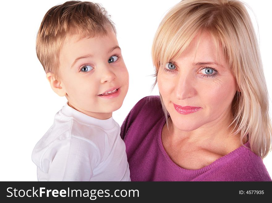 Woman with kid faces close-up on white 3. Woman with kid faces close-up on white 3