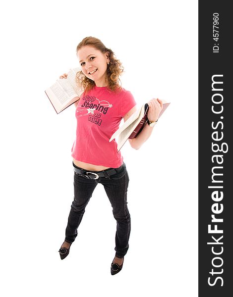 The young student with a books isolated on a white background