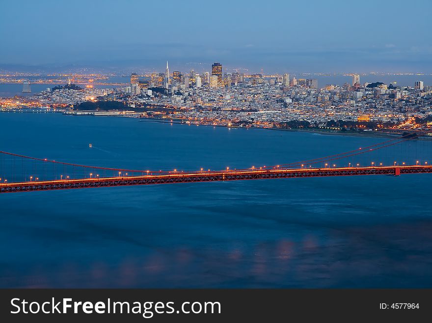 San Francisco and Golden Gate Bridge at night. San Francisco and Golden Gate Bridge at night