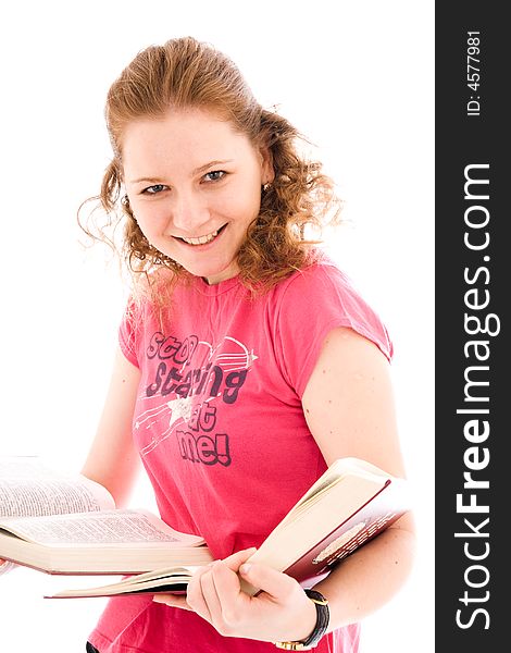 The young student with a books isolated on a white