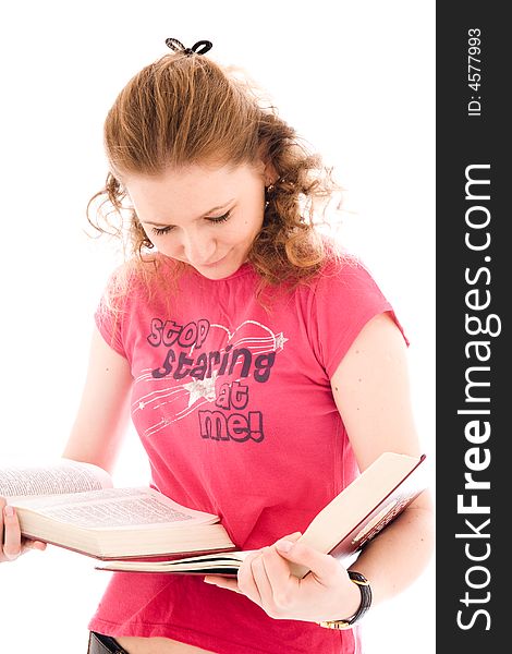 The young student with a books isolated on a white background