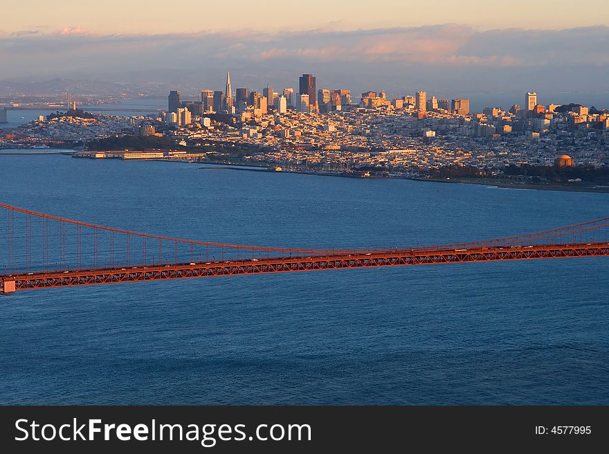San Francisco and Golden Gate Bridge at sunset. San Francisco and Golden Gate Bridge at sunset