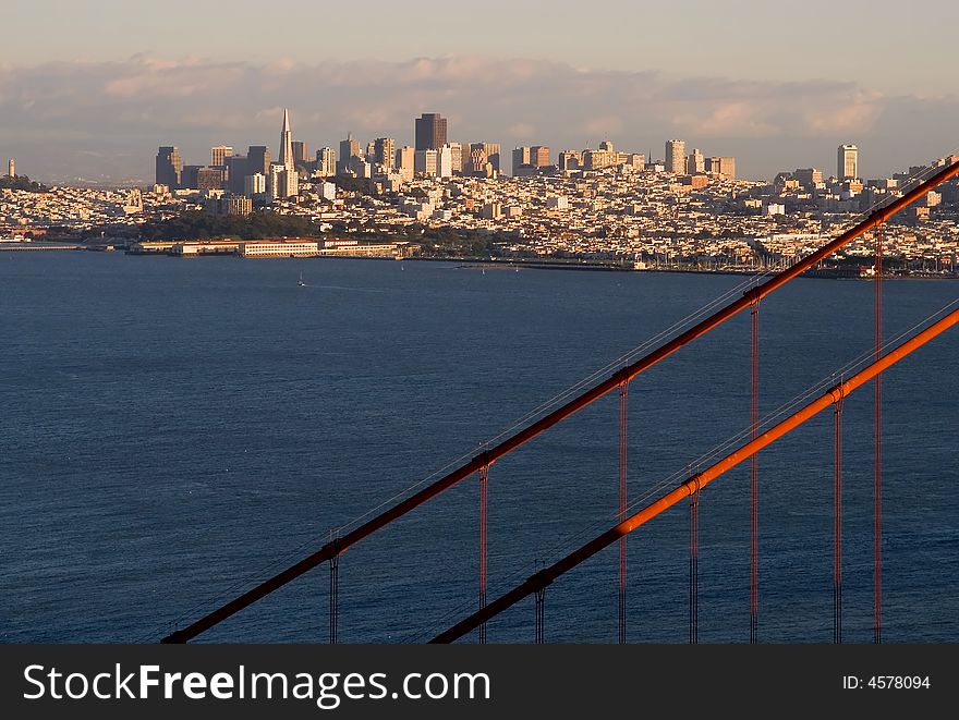 San Francisco and Golden Gate Bridge at sunset. San Francisco and Golden Gate Bridge at sunset