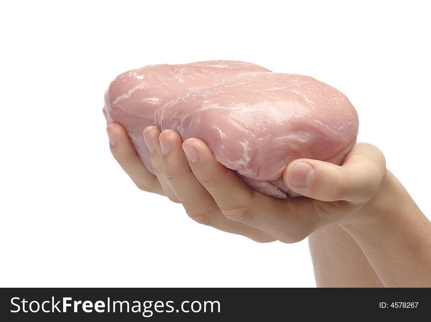 Hand with fresh pork on a white