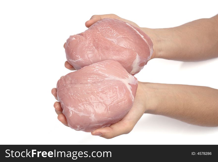 Hands with fresh porkon a white
