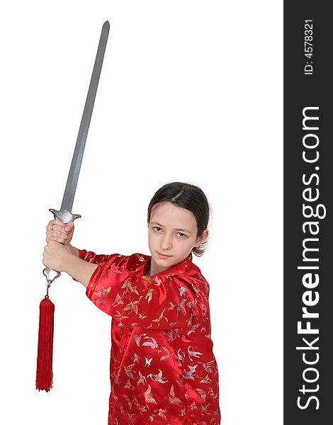 Wushu girl with sword on white