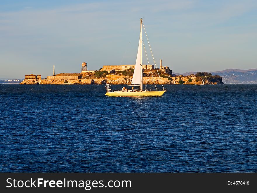 Sail boat next to Alcatraz island