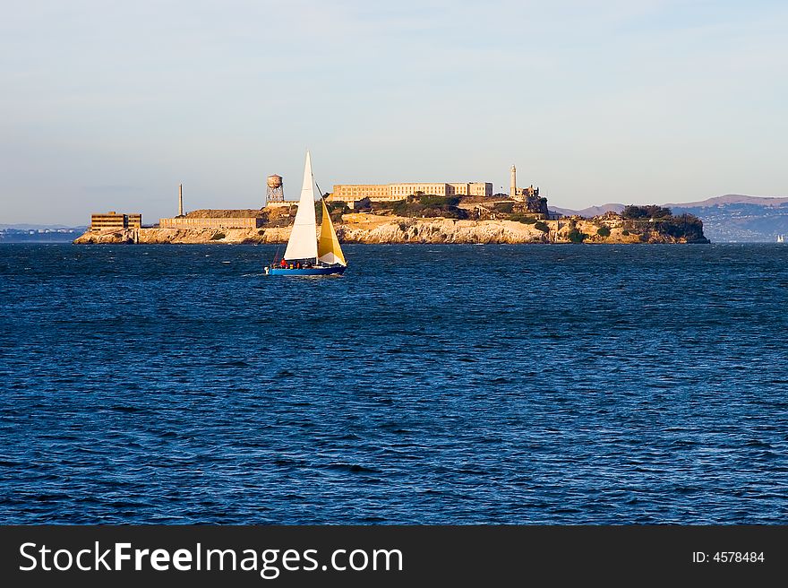 Sail boat next to Alcatraz island