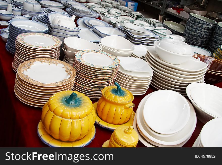 A shot of a stack dishware on sale