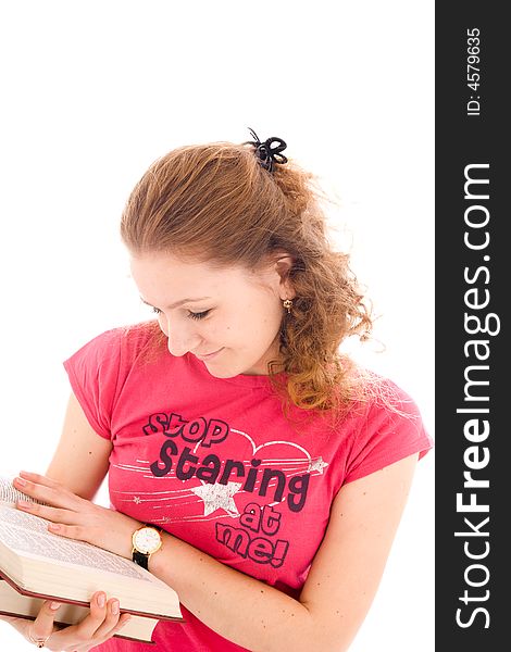 The young student with a books isolated on a white