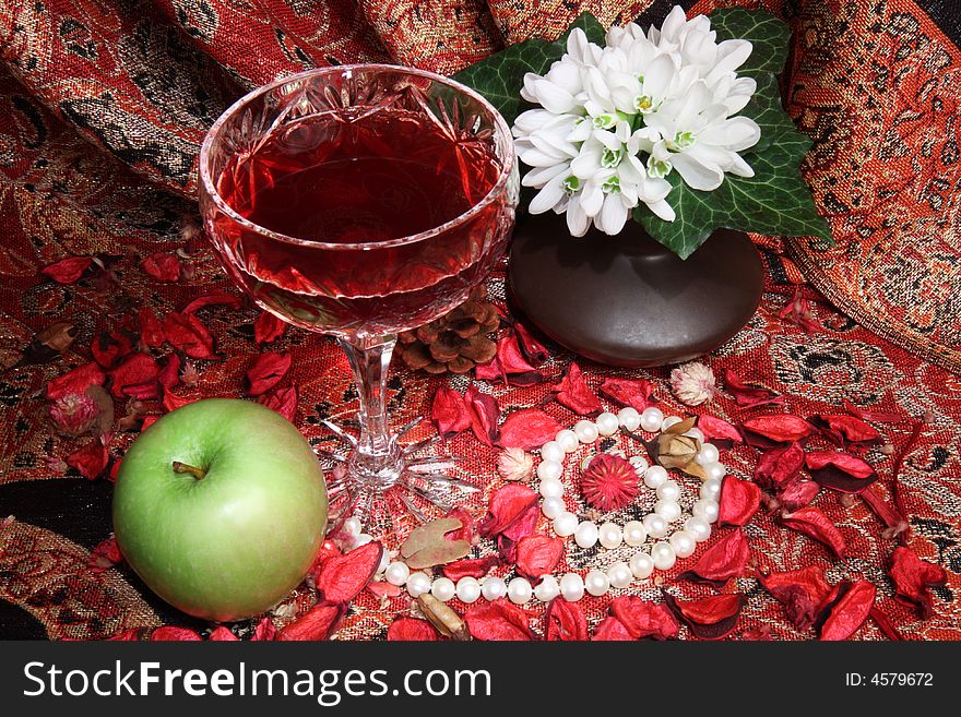 Still Life With Wine, Apple And Flowers