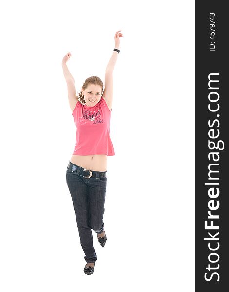 The young jumping girl isolated on a white background