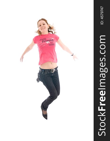 The young jumping girl isolated on a white background