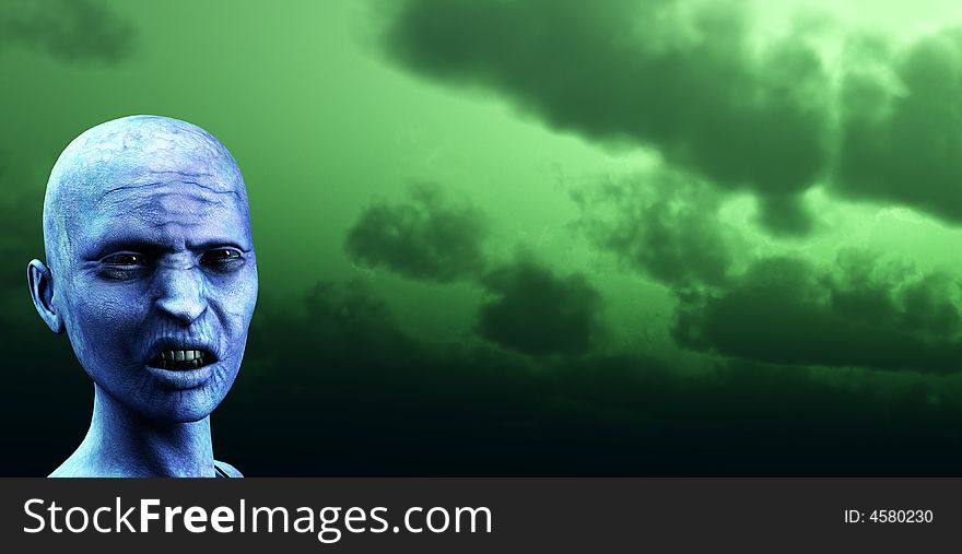 An image of a angry bald zombie women against a green gloomy sky. A good concept image for Halloween concepts. An image of a angry bald zombie women against a green gloomy sky. A good concept image for Halloween concepts.