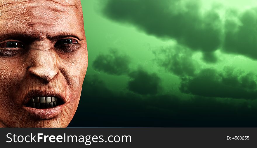 An image of a angry bald zombie women against a green gloomy sky. A good concept image for Halloween concepts. An image of a angry bald zombie women against a green gloomy sky. A good concept image for Halloween concepts.