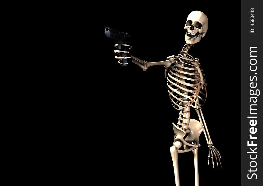 An image of a skeleton with a firearm, a possible interesting conceptual modern version of death. Or a medical image of a Skeleton in action. An image of a skeleton with a firearm, a possible interesting conceptual modern version of death. Or a medical image of a Skeleton in action.
