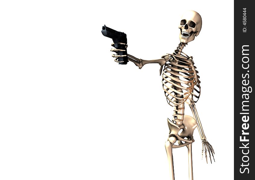 An image of a skeleton with a firearm, a possible interesting conceptual modern version of death. Or a medical image of a Skeleton in action. An image of a skeleton with a firearm, a possible interesting conceptual modern version of death. Or a medical image of a Skeleton in action.