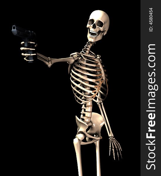 An image of a skeleton with a firearm, a possible interesting conceptual modern version of death. Or a medical image of a Skeleton in action. An image of a skeleton with a firearm, a possible interesting conceptual modern version of death. Or a medical image of a Skeleton in action.