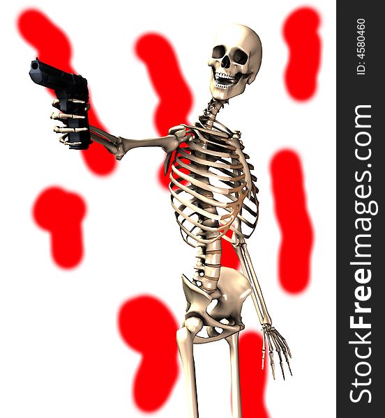 An image of a skeleton with a firearm, a possible interesting conceptual modern version of death. Or a medical image of a Skeleton in action. An image of a skeleton with a firearm, a possible interesting conceptual modern version of death. Or a medical image of a Skeleton in action.