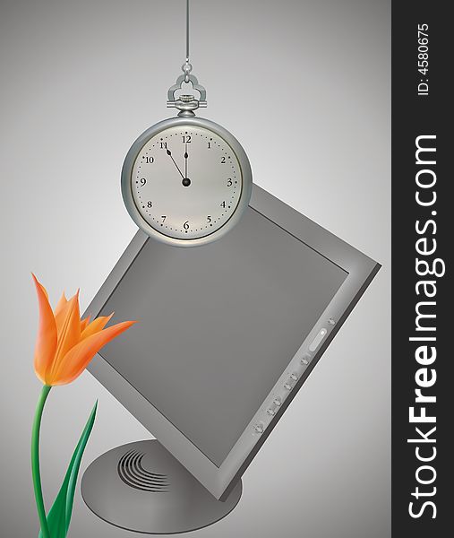 Clock screen and tulip -  illustration