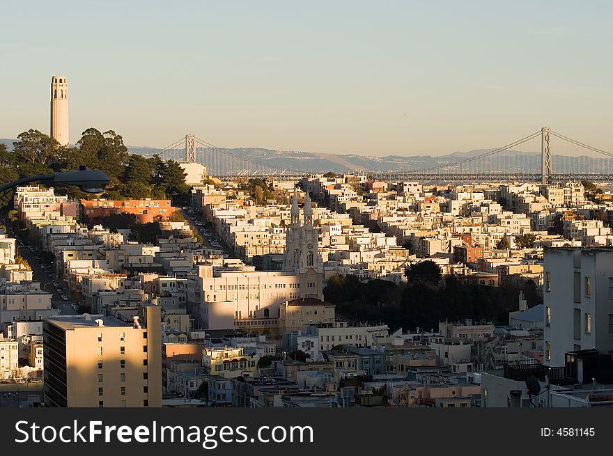 Coit Tower at sunset in San Francisco