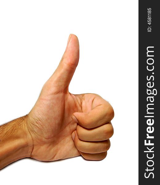 A hand doing the thumbs up gesture isolated on a white background.