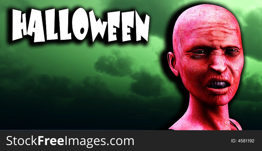 An image of a angry bald zombie women against a green gloomy sky. A good concept image for Halloween concepts. An image of a angry bald zombie women against a green gloomy sky. A good concept image for Halloween concepts.