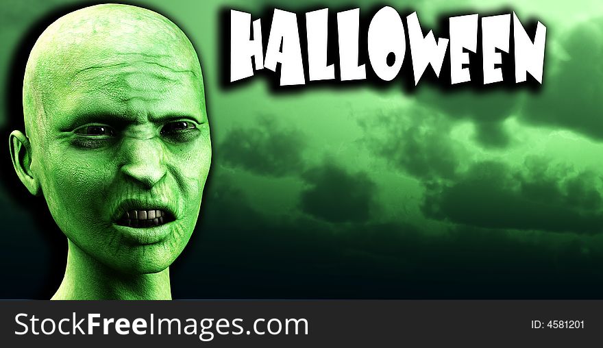 An image of a angry bald zombie women against a green gloomy sky. A good concept image for Halloween concepts. An image of a angry bald zombie women against a green gloomy sky. A good concept image for Halloween concepts.